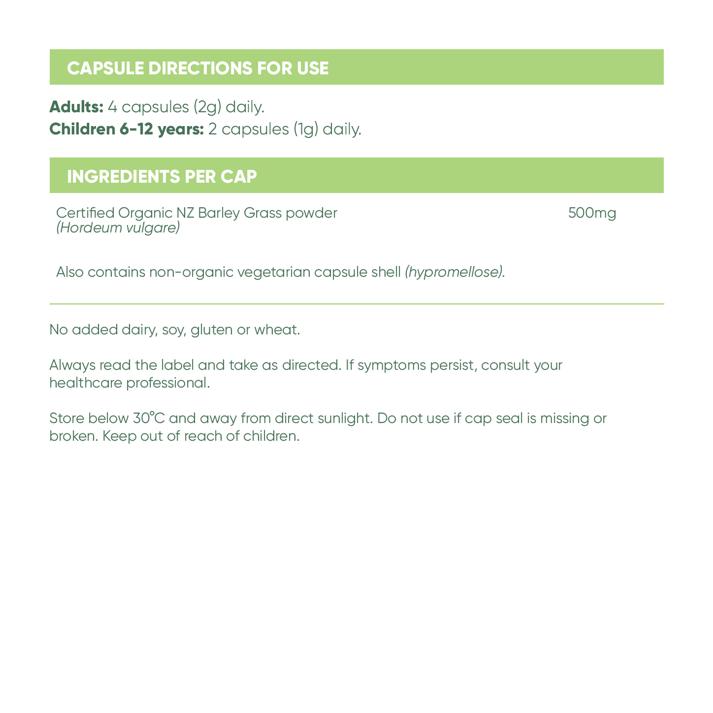 Barley Grass Certified Organic capsules active ingredients