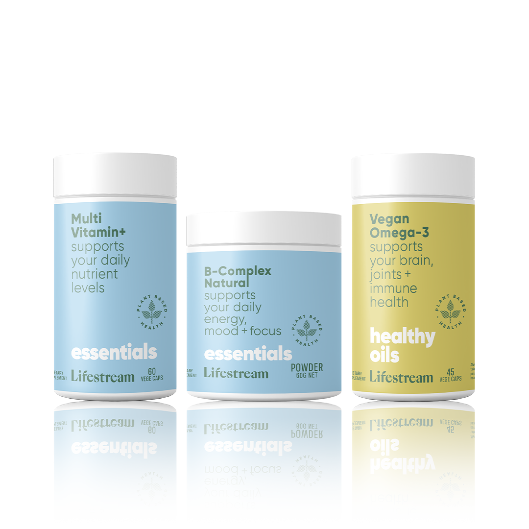 everyday wellbeing plant based supplements - multi vitamin, b vitamins, vegan omega 3