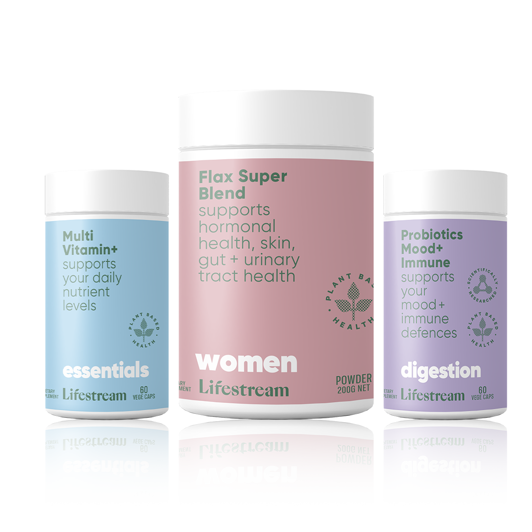 womens health plant based supplements - multi vitamin, flax super blend, probiotics